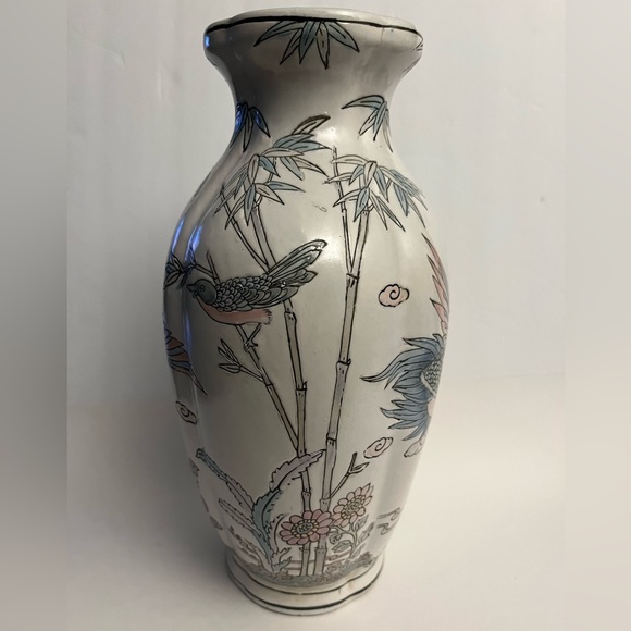 Asian Ginger Jar Vase, Chinoiserie Ginger Jar Vase Birds in Lotus Pond - Picture 5 of 5